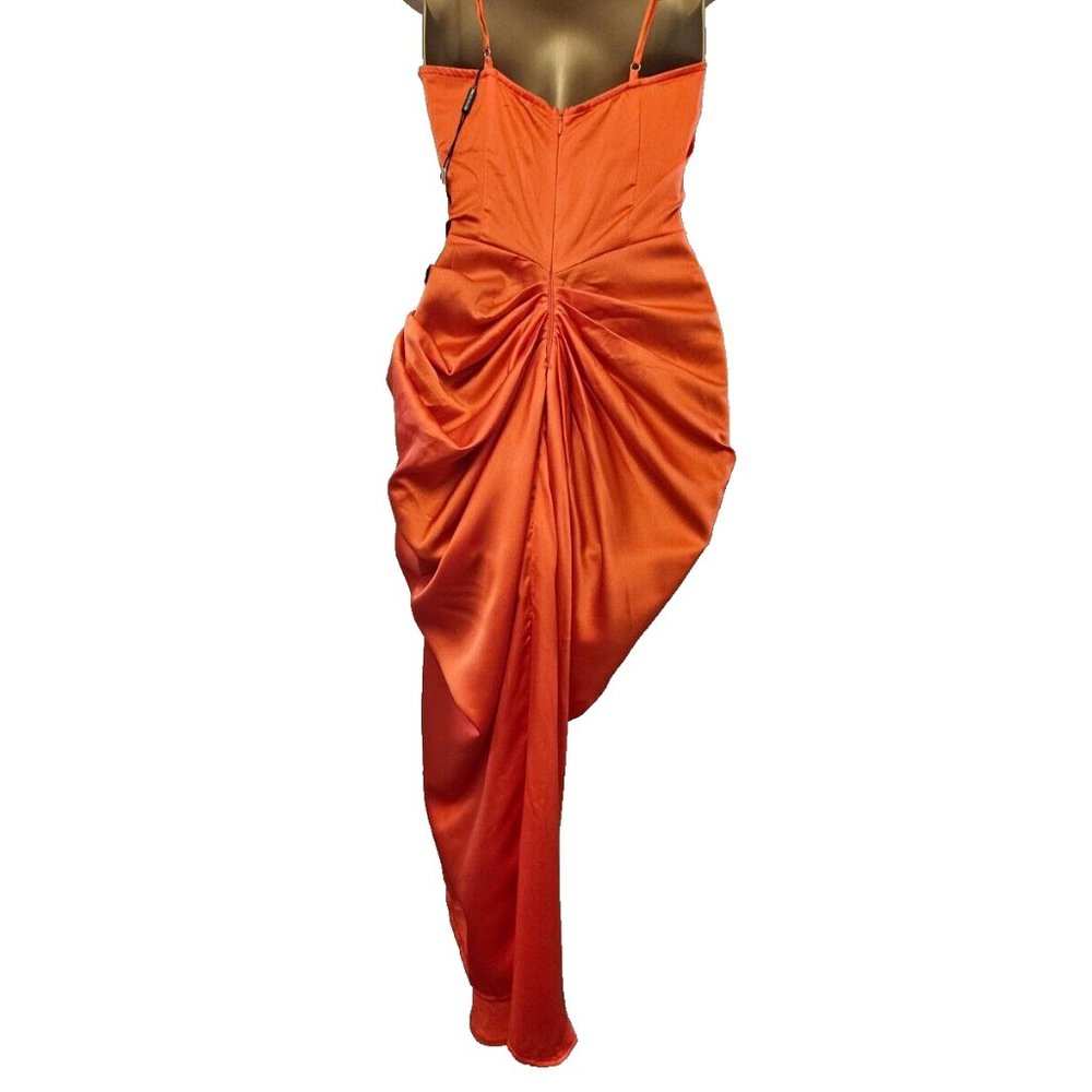 Pretty Little Thing corset dress size 8 bright orange satin ruched skirt New - Picture 7 of 12